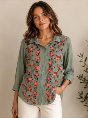 1775 Green Embroidered Floral Button-Down Shirt - Women's Top